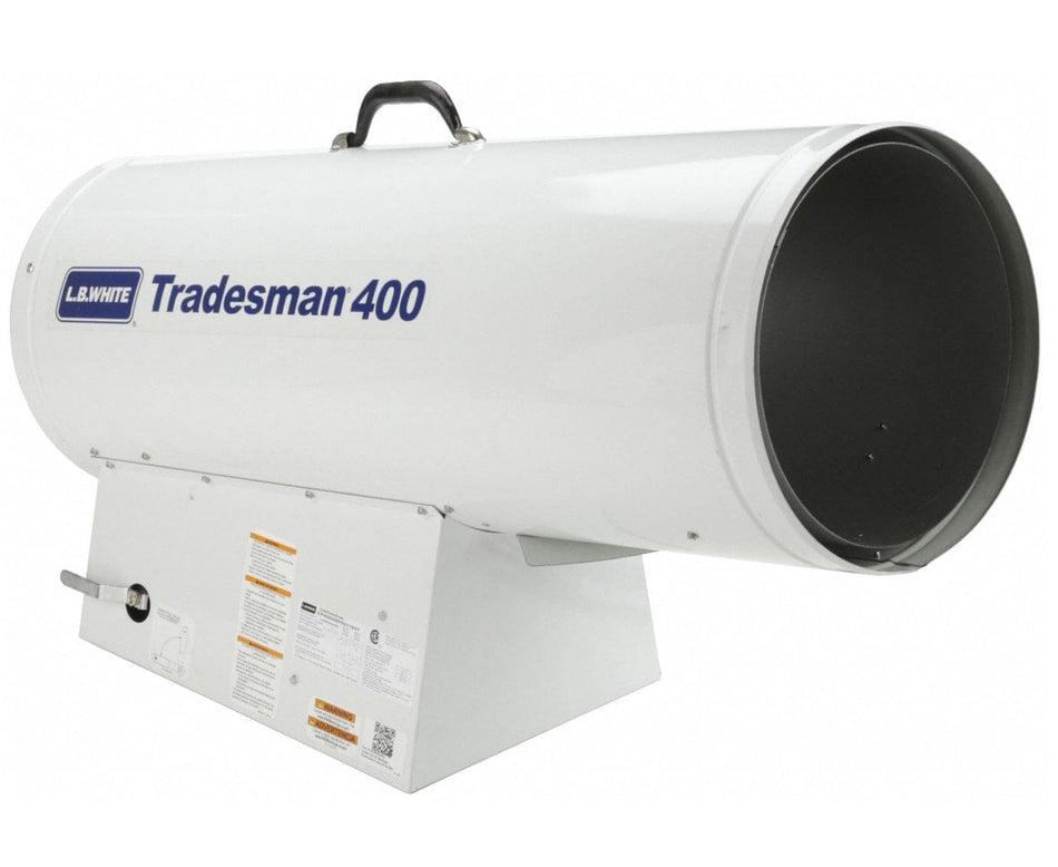 Angled studio view of the white L.B. White Tradesman 400 portable propane forced air heater featuring the blue logo on the side barrel and a black carrying handle on top.