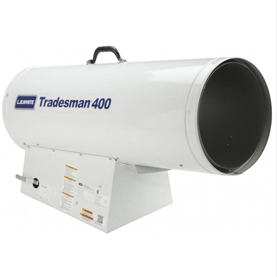 Angled studio view of the white L.B. White Tradesman 400 portable propane forced air heater featuring the blue logo on the side barrel and a black carrying handle on top.
