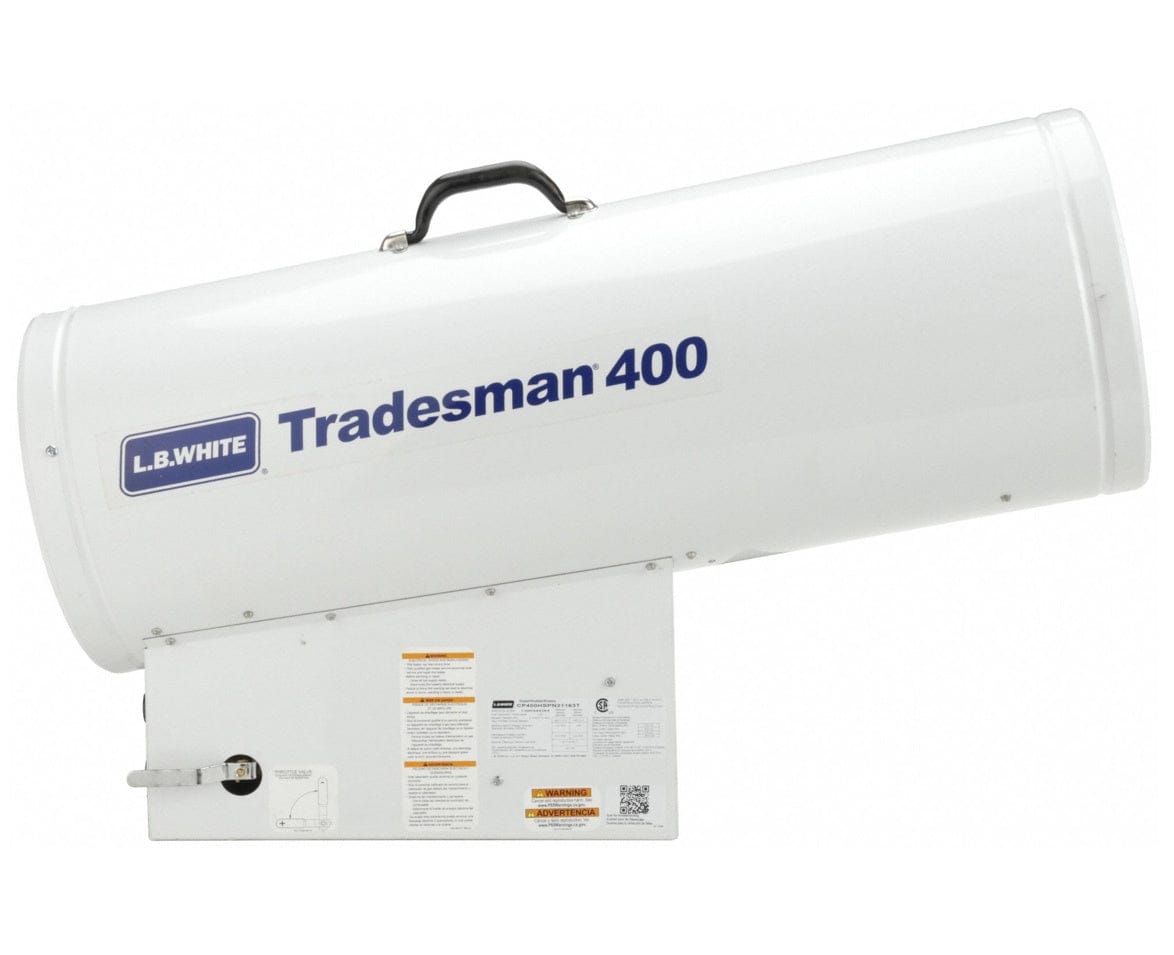 Side view of the Tradesman 400 heater showing the white cylindrical body, the black handle, and the throttle valve lever located on the side of the base housing.