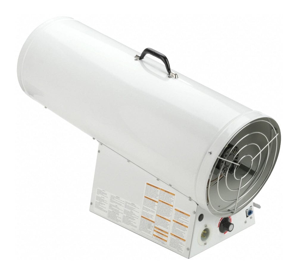 Rear angled view of the heater showing the metal fan guard, the internal fan blade, the red and black thermostat control dial, and the 120V power inlet.