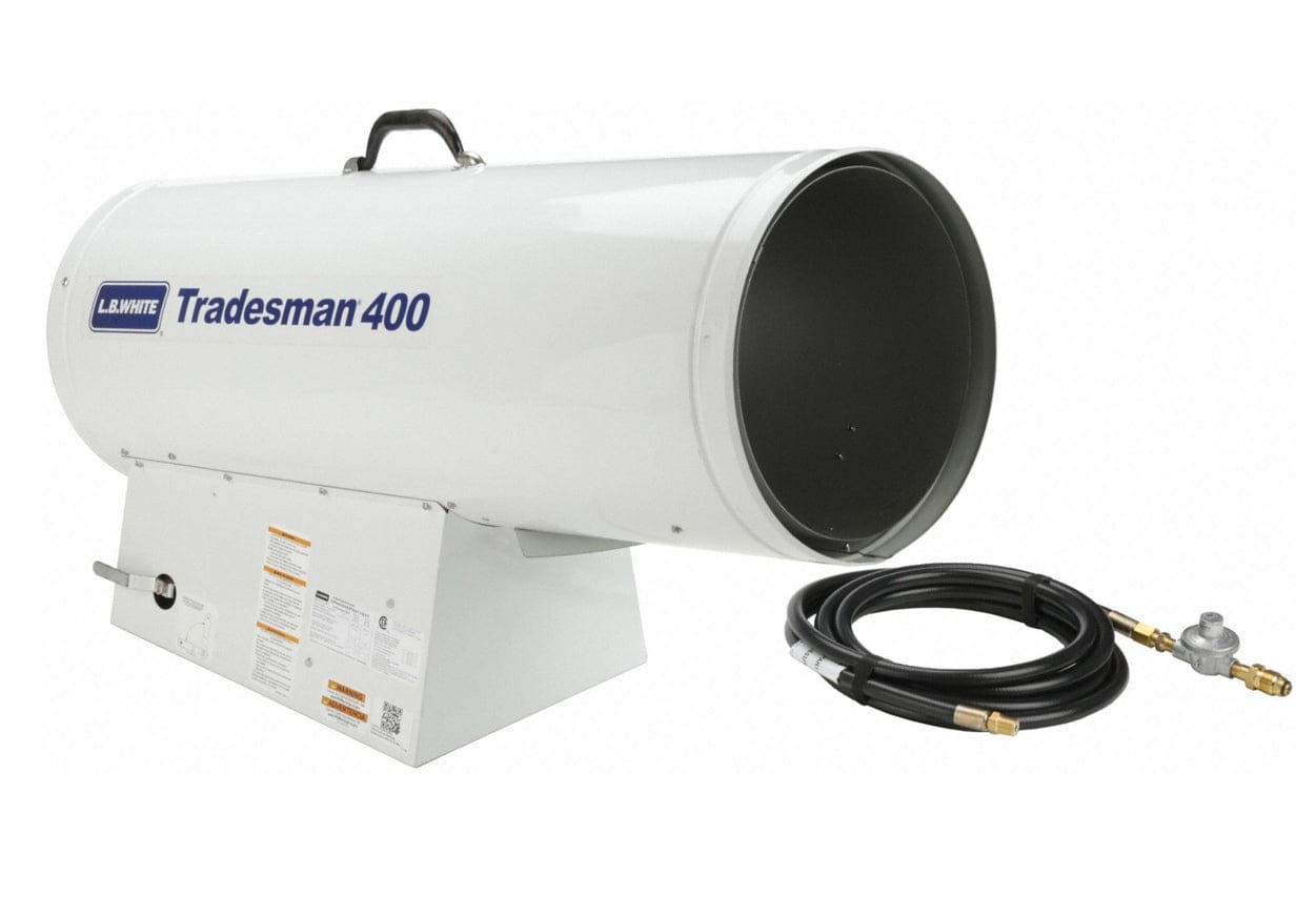 Studio shot of the Tradesman 400 heater accompanied by the included gas hose and high-pressure regulator assembly coiled on the floor next to the unit.