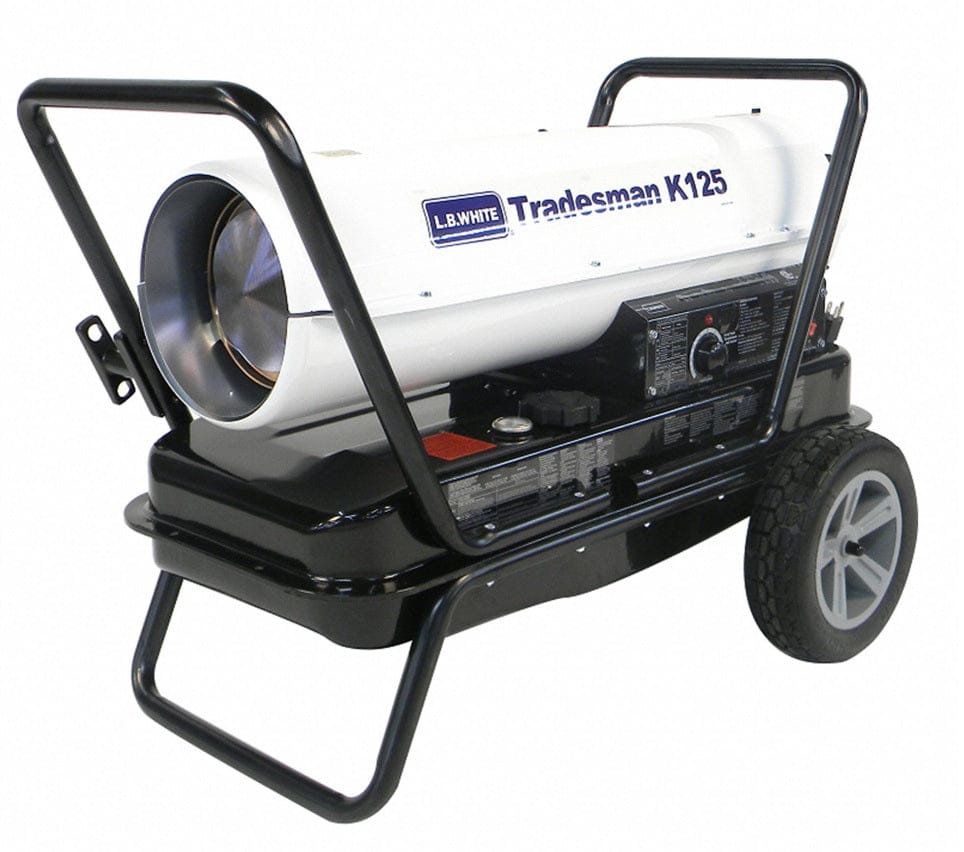 Angled view of L.B. White Tradesman K125 heater featuring metal frame, control panel, and wheeled base. Model name and manufacturer branding are clearly visible on the side.
