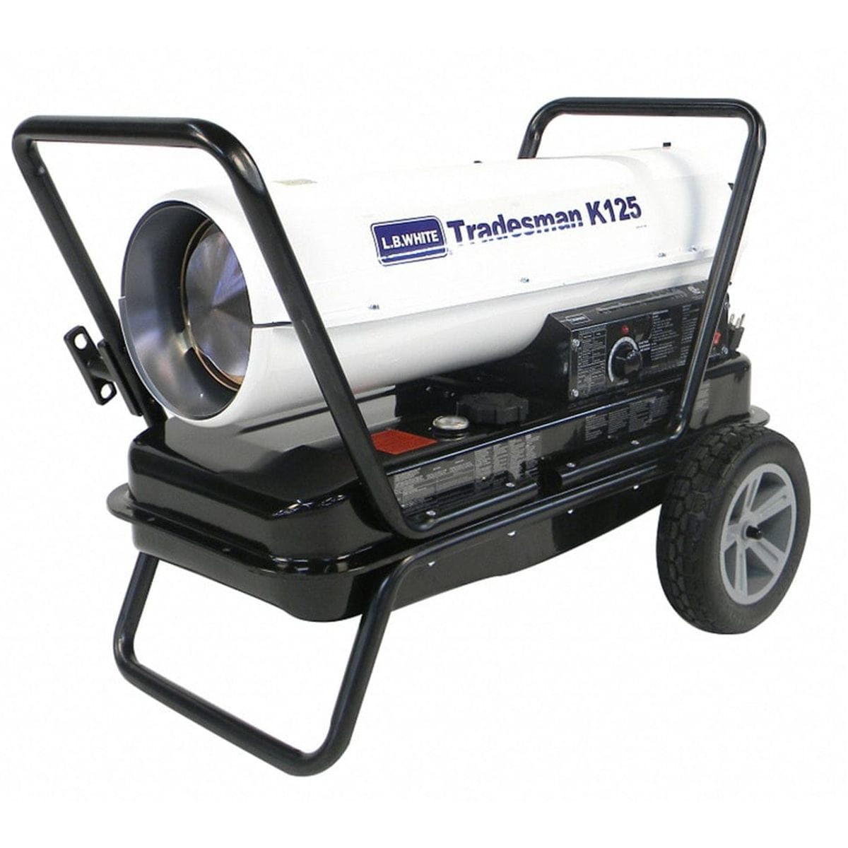 Angled view of L.B. White Tradesman K125 heater featuring metal frame, control panel, and wheeled base. Model name and manufacturer branding are clearly visible on the side.