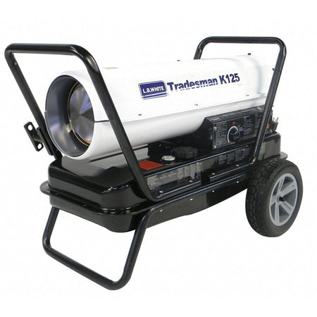 Angled view of L.B. White Tradesman K125 heater featuring metal frame, control panel, and wheeled base. Model name and manufacturer branding are clearly visible on the side.