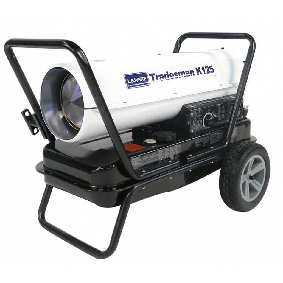 Angled view of L.B. White Tradesman K125 heater featuring metal frame, control panel, and wheeled base. Model name and manufacturer branding are clearly visible on the side.