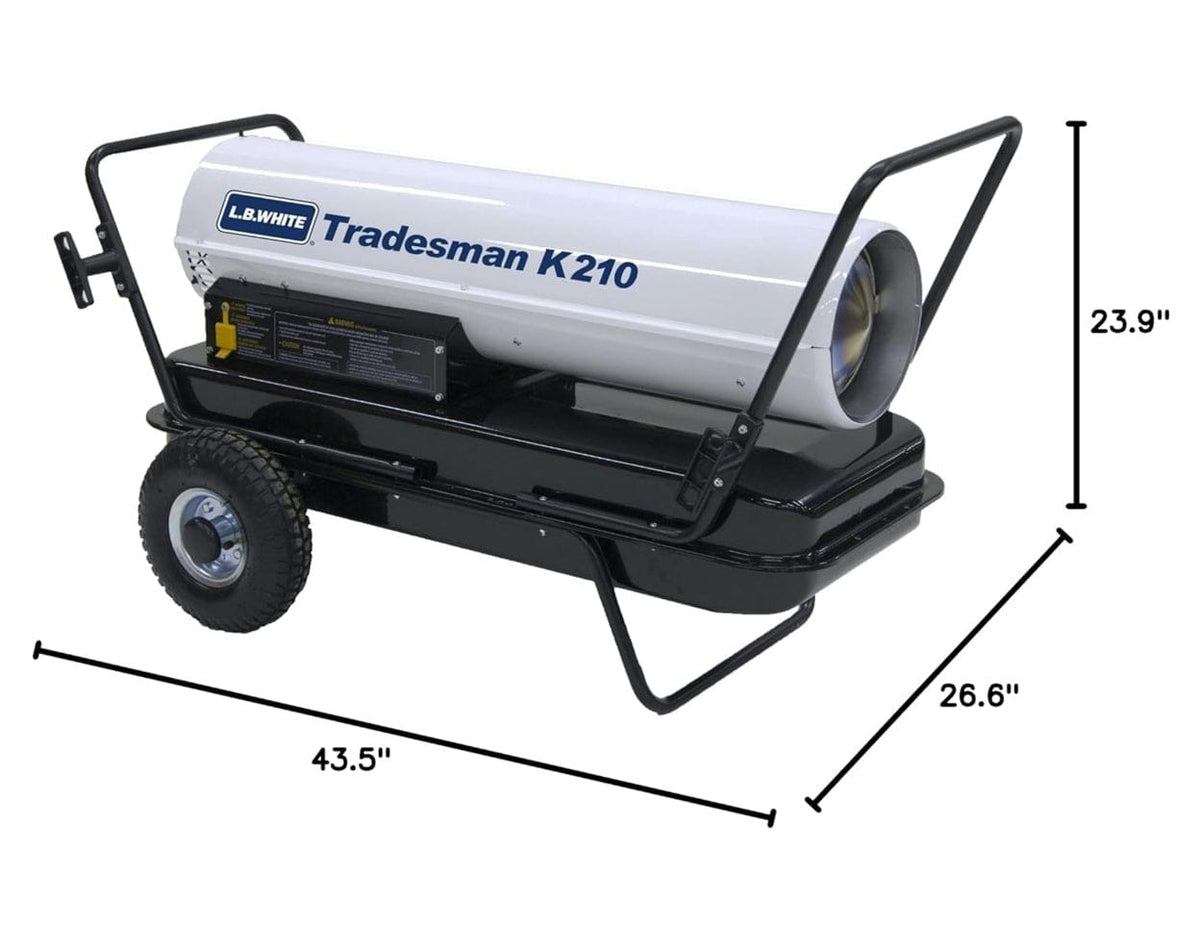 Side view of L.B. White Tradesman K210 forced air heater showing wheeled frame, cylindrical heating unit, and control panel. Dimensions labeled as 43.5 inches long, 26.6 inches wide, and 23.9 inches high.