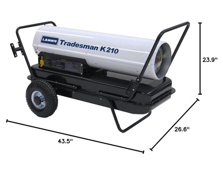 Side view of L.B. White Tradesman K210 forced air heater showing wheeled frame, cylindrical heating unit, and control panel. Dimensions labeled as 43.5 inches long, 26.6 inches wide, and 23.9 inches high.