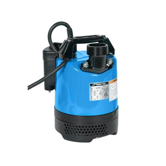  Tsurumi 2" Automatic Submersible with cord. The image shows a Tsurumi LB-480A submersible pump with a bright blue cylindrical body and a black base with intake holes. The pump has a black carrying handle on top and a black discharge port, along with a black power cord extending from its side.