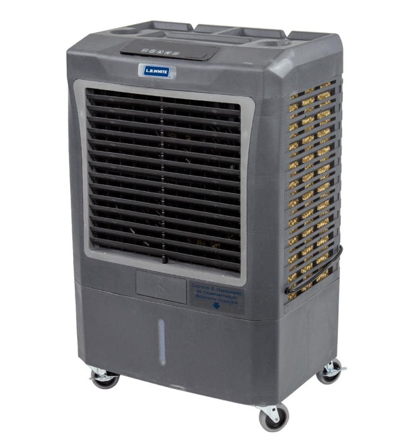 LB White portable evaporative cooler with dark gray body, black grille, caster wheels, control panel, and labeled compartments, designed for industrial or commercial cooling.
