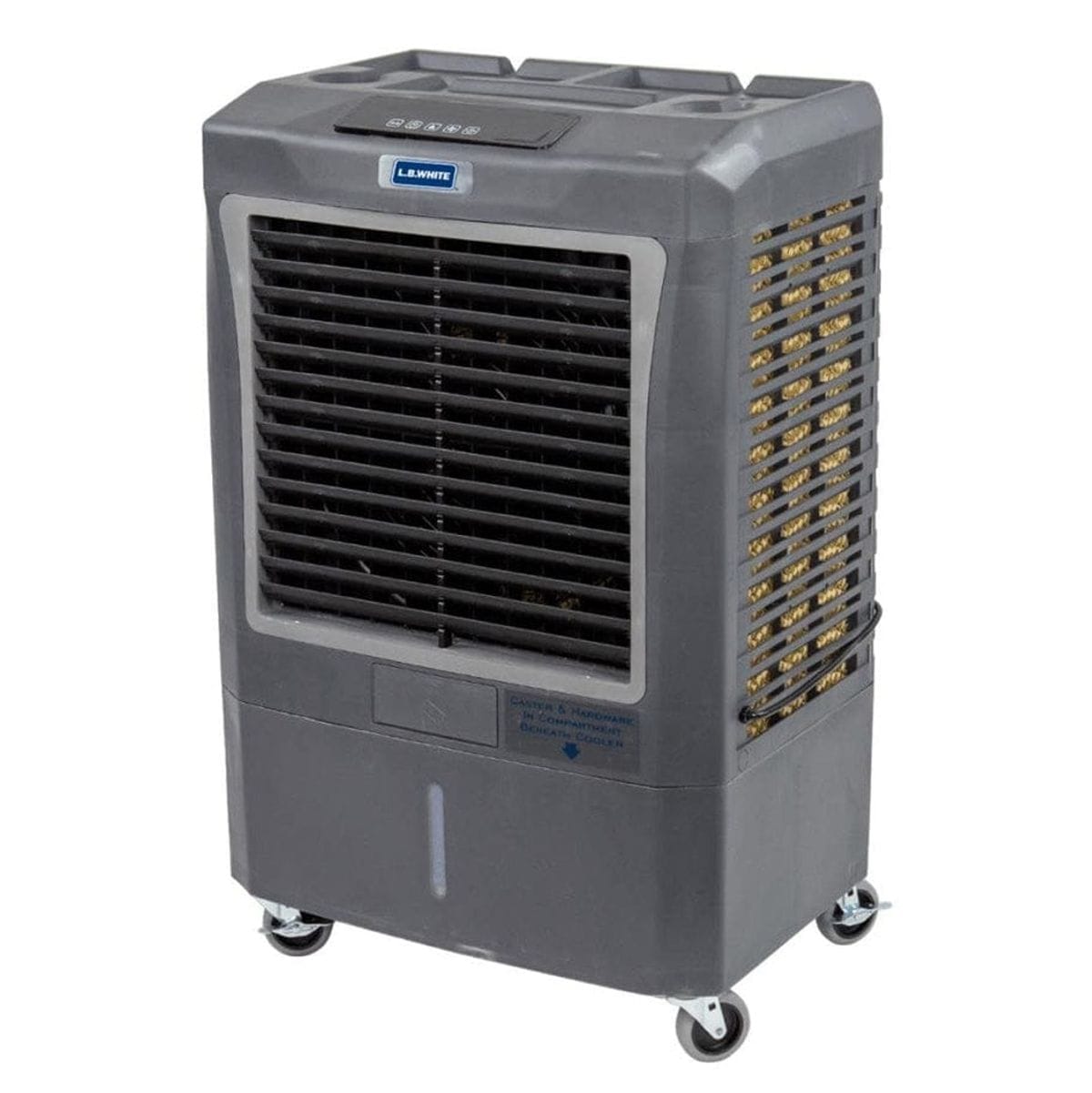 LB White portable evaporative cooler with dark gray body, black grille, caster wheels, control panel, and labeled compartments, designed for industrial or commercial cooling.