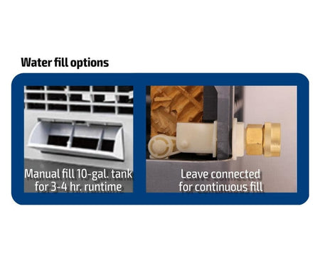 Side-by-side view of two water fill options for an evaporative cooler: manual fill with 10-gallon tank and continuous fill via garden hose connection