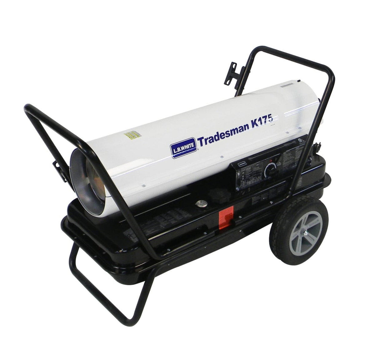 An isometric high-angle view of the LB White Tradesman K175 175,000 BTU heater showcasing the front discharge nozzle, sturdy black handles, and portable wheel kit for easy jobsite transportation.