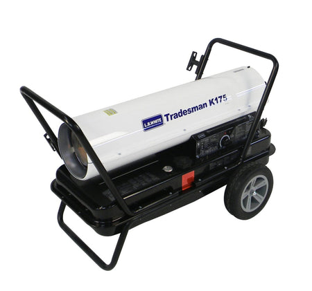 An isometric high-angle view of the LB White Tradesman K175 175,000 BTU heater showcasing the front discharge nozzle, sturdy black handles, and portable wheel kit for easy jobsite transportation.