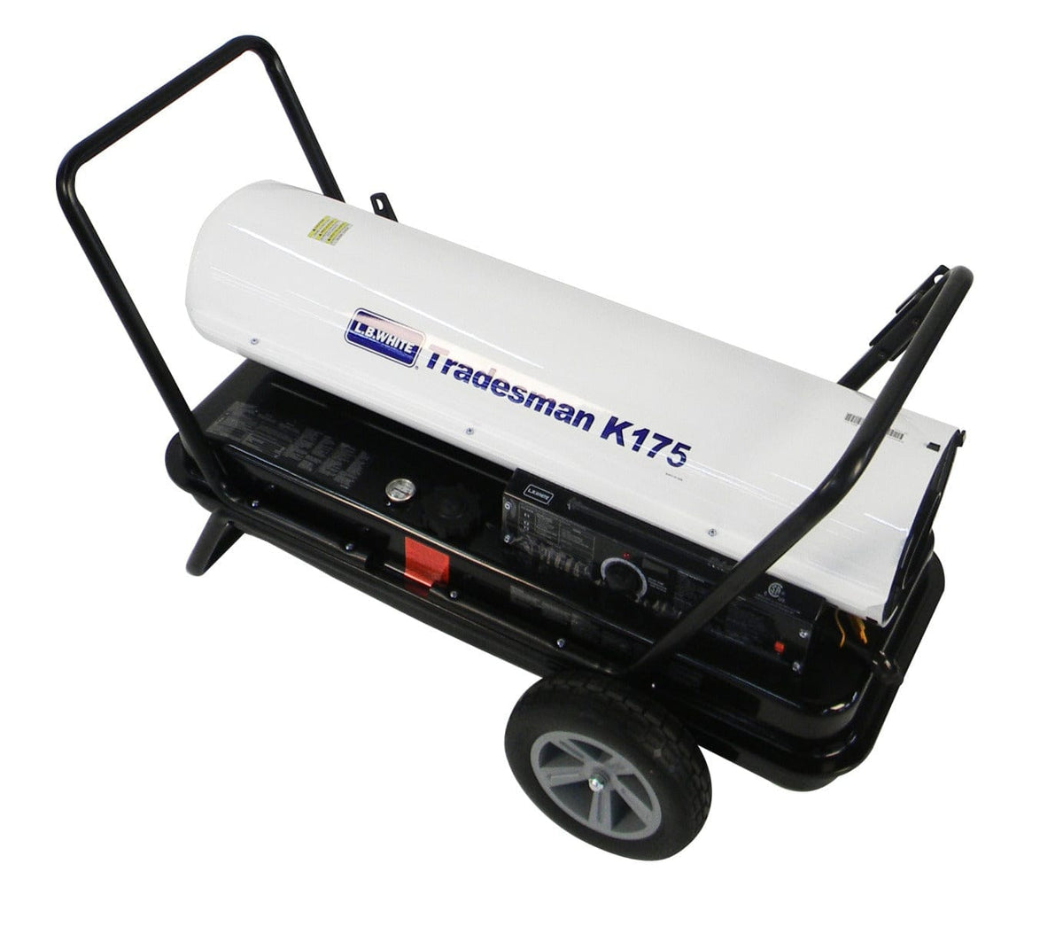 A top-down perspective of the LB White Tradesman K175 multi-fuel heater highlighting the fuel gauge, fuel cap, and the side-mounted operator control panel with temperature adjustment dial.