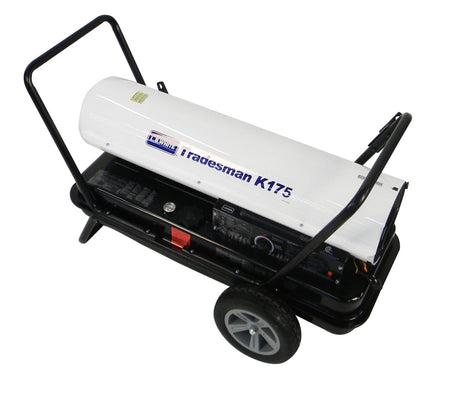 A top-down perspective of the LB White Tradesman K175 multi-fuel heater highlighting the fuel gauge, fuel cap, and the side-mounted operator control panel with temperature adjustment dial.