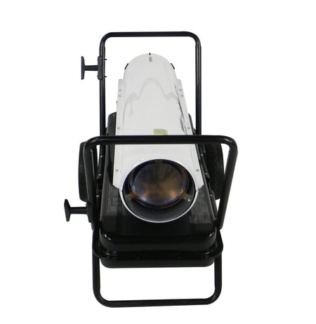 A front-facing view of the LB White Tradesman K175 forced air heater showing the circular heat discharge outlet and the rugged black steel frame designed for professional construction environments.