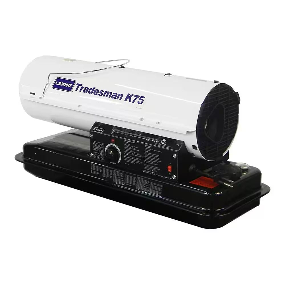 LB White Tradesman K75 portable forced air heater with white cylindrical body, black base, control panel, and front grill, designed for industrial or jobsite heating.