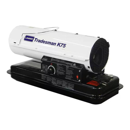 LB White Tradesman K75 portable forced air heater with white cylindrical body, black base, control panel, and front grill, designed for industrial or jobsite heating.