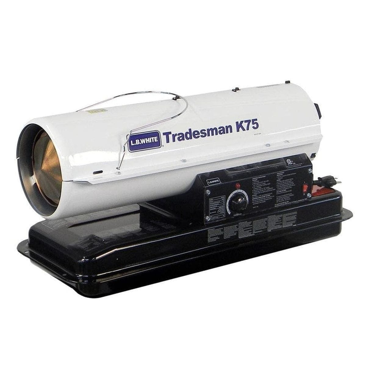 LB White Tradesman K75 kerosene heater with metal body, top carry handle, control panel, and front nozzle, shown with power cord for portable heating in large spaces.