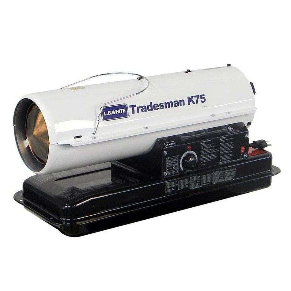 LB White Tradesman K75 kerosene heater with metal body, top carry handle, control panel, and front nozzle, shown with power cord for portable heating in large spaces.