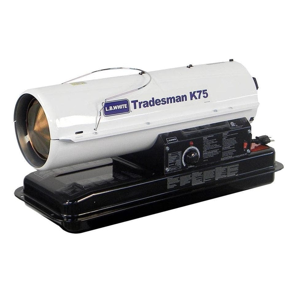 LB White Tradesman K75 kerosene heater with metal body, top carry handle, control panel, and front nozzle, shown with power cord for portable heating in large spaces.