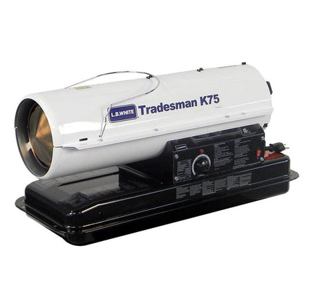 LB White Tradesman K75 kerosene heater with metal body, top carry handle, control panel, and front nozzle, shown with power cord for portable heating in large spaces.