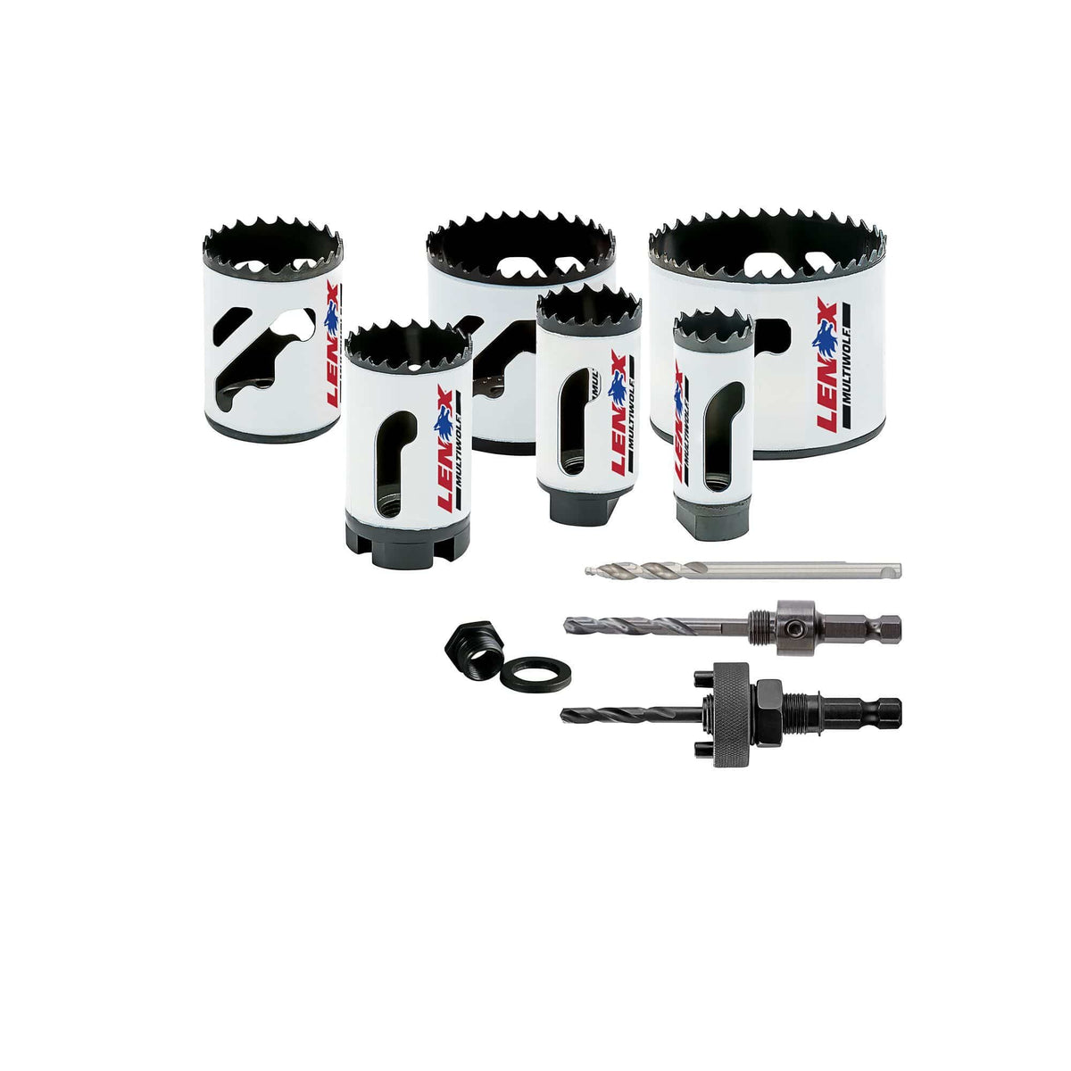 Complete hardware layout of the LENOX 30800600L 10 piece electricians bi metal hole saw kit displaying six T3 technology hole saws ranging from 0.875 to 2.5 inches alongside two universal arbors, a step bit pilot drill, and an arbor adapter for industrial conduit drilling.
