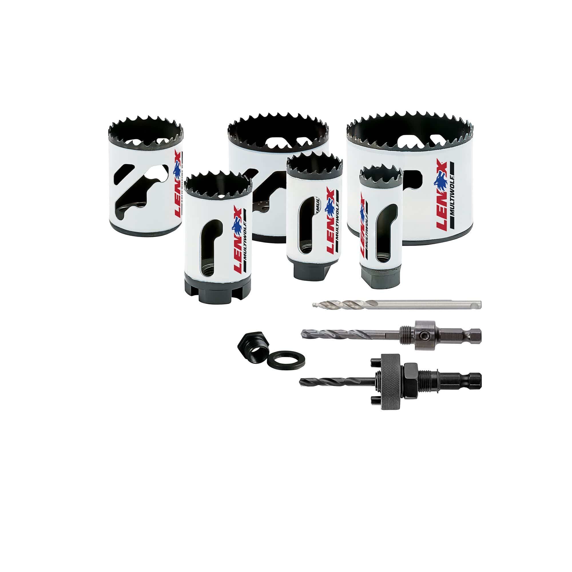 Complete hardware layout of the LENOX 30800600L 10 piece electricians bi metal hole saw kit displaying six T3 technology hole saws ranging from 0.875 to 2.5 inches alongside two universal arbors, a step bit pilot drill, and an arbor adapter for industrial conduit drilling.