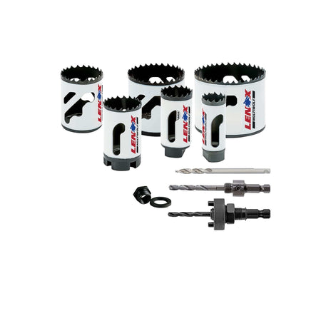 Complete hardware layout of the LENOX 30800600L 10 piece electricians bi metal hole saw kit displaying six T3 technology hole saws ranging from 0.875 to 2.5 inches alongside two universal arbors, a step bit pilot drill, and an arbor adapter for industrial conduit drilling.