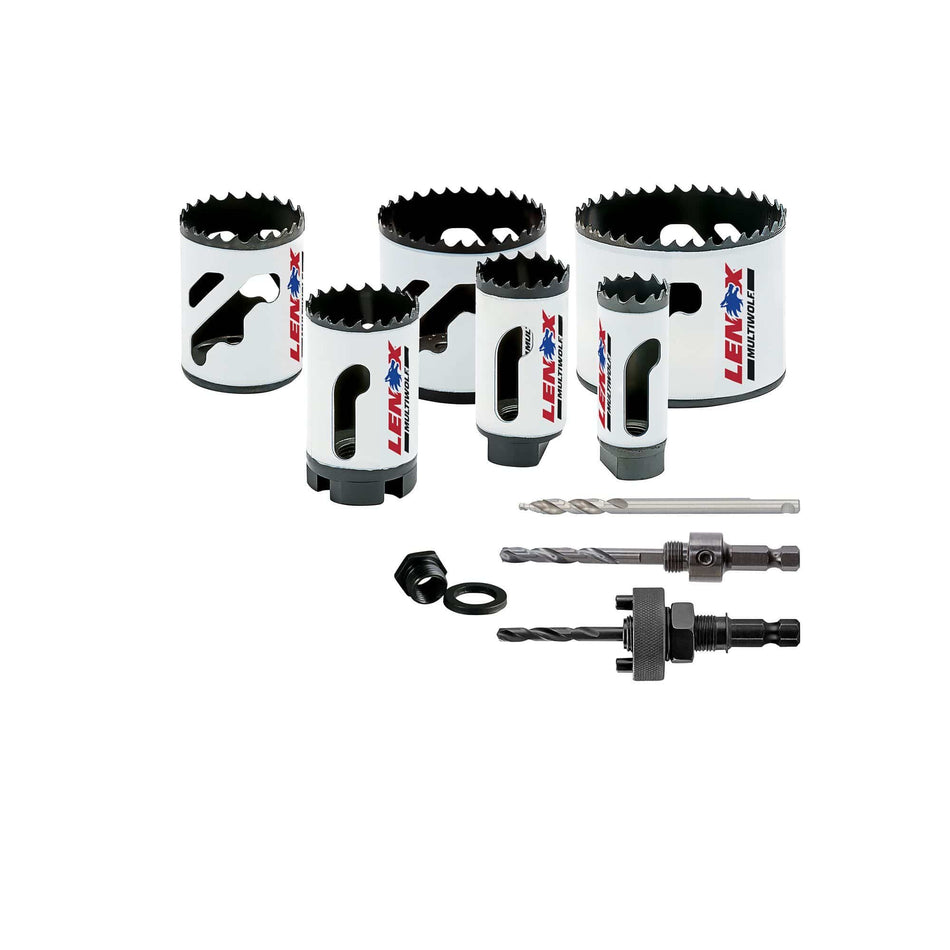 Complete hardware layout of the LENOX 30800600L 10 piece electricians bi metal hole saw kit displaying six T3 technology hole saws ranging from 0.875 to 2.5 inches alongside two universal arbors, a step bit pilot drill, and an arbor adapter for industrial conduit drilling.