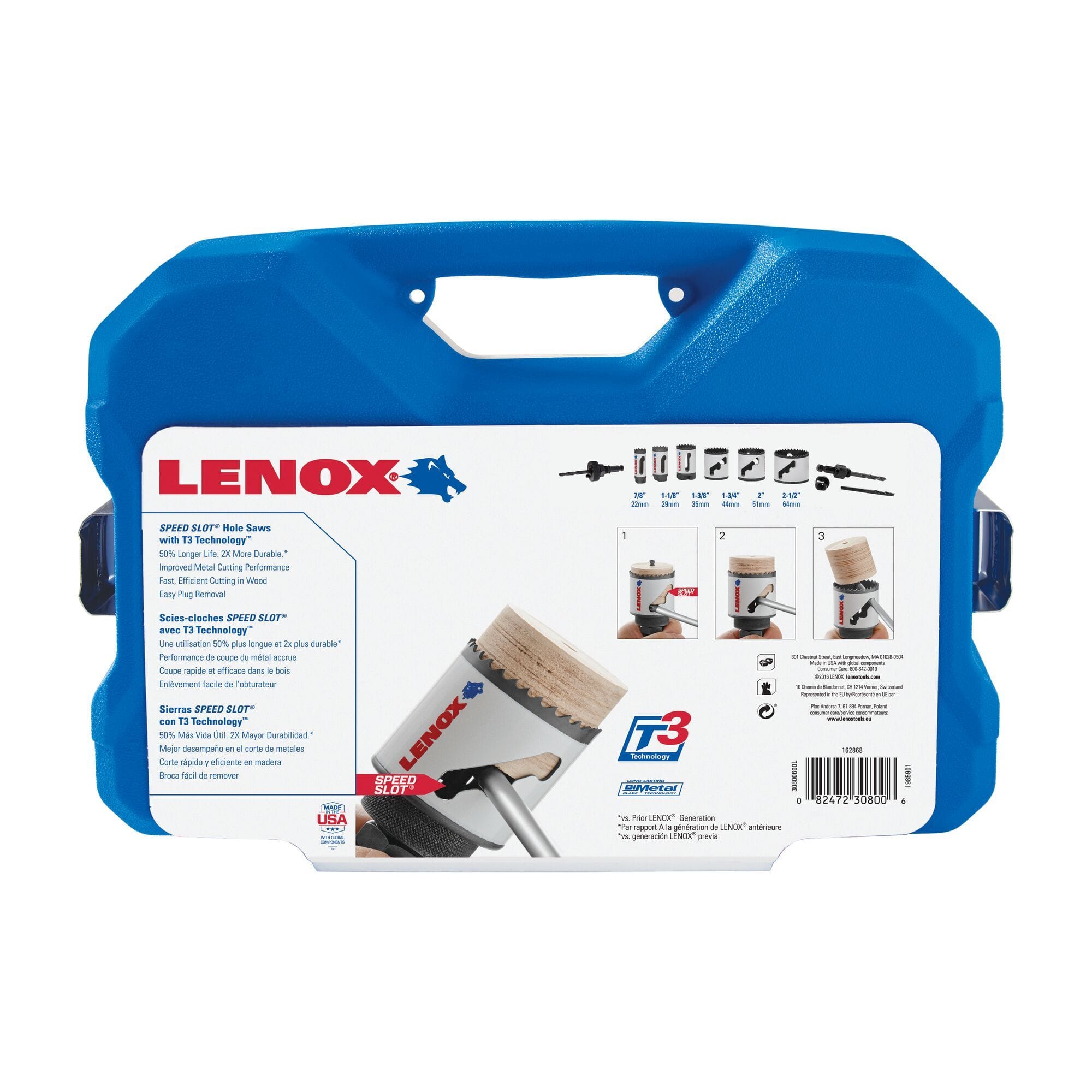 Back panel informational label of the LENOX 30800600L electricians bi metal hole saw kit detailing the exact 0.875 to 2.5 inch cut capacity sizing chart, universal arbor compatibility, and visual instructions for the speed slot plug removal system.