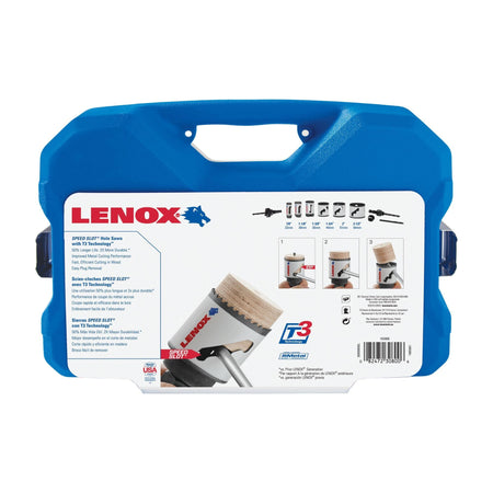 Back panel informational label of the LENOX 30800600L electricians bi metal hole saw kit detailing the exact 0.875 to 2.5 inch cut capacity sizing chart, universal arbor compatibility, and visual instructions for the speed slot plug removal system.