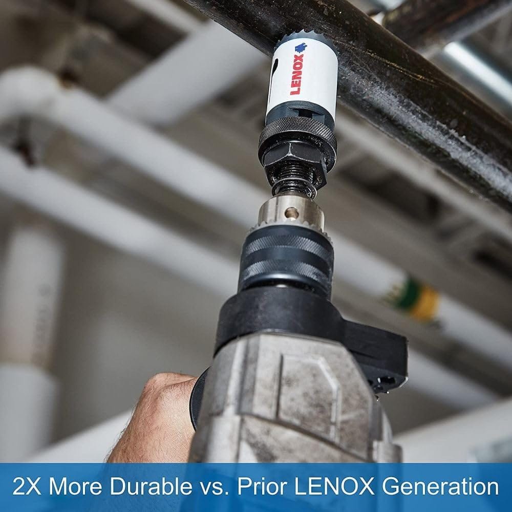 Professional tradesman operating a power drill equipped with a LENOX bi metal hole saw to penetrate a heavy metal pipe, demonstrating the T3 technology toothform durability and grab resistant step bit pilot drill during structural conduit routing.