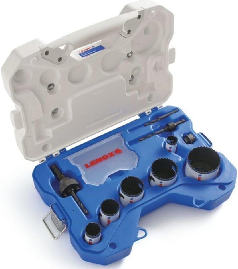Open heavy duty carrying case for the LENOX 30800600L 10 piece electricians hole saw kit featuring a custom molded blue interior storage tray securely organizing the six speed slot hole saws, arbors, and a clear lidded compartment for step bit pilot drills.