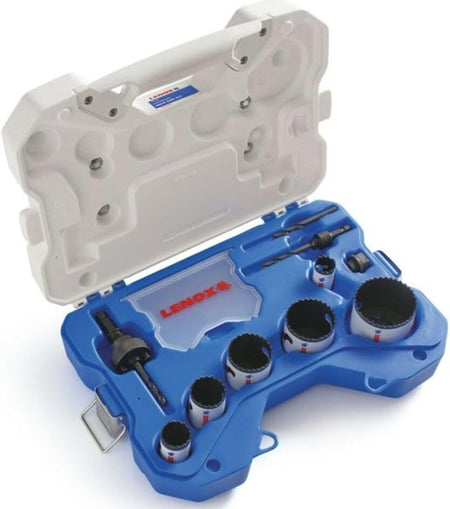Open heavy duty carrying case for the LENOX 30800600L 10 piece electricians hole saw kit featuring a custom molded blue interior storage tray securely organizing the six speed slot hole saws, arbors, and a clear lidded compartment for step bit pilot drills.