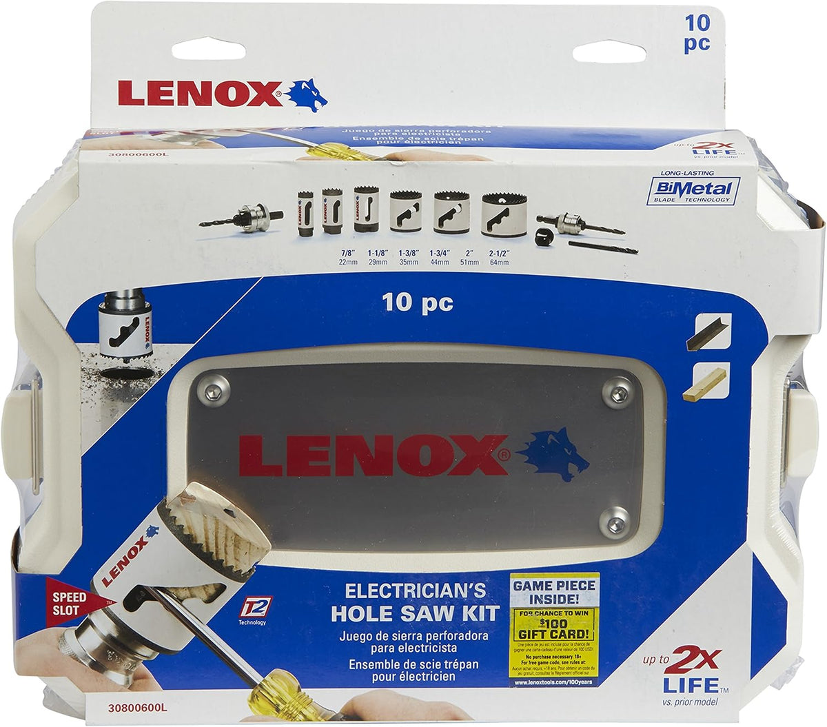 Retail display packaging for the LENOX 30800600L 10 piece electricians bi metal hole saw kit showcasing the white carrying case, integrated metal brand plate, and speed slot technology branding engineered for professional structural drilling applications.
