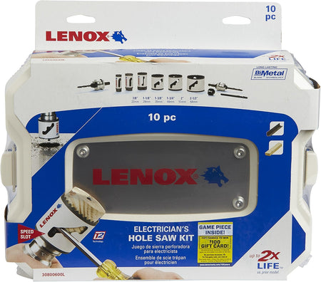 Retail display packaging for the LENOX 30800600L 10 piece electricians bi metal hole saw kit showcasing the white carrying case, integrated metal brand plate, and speed slot technology branding engineered for professional structural drilling applications.