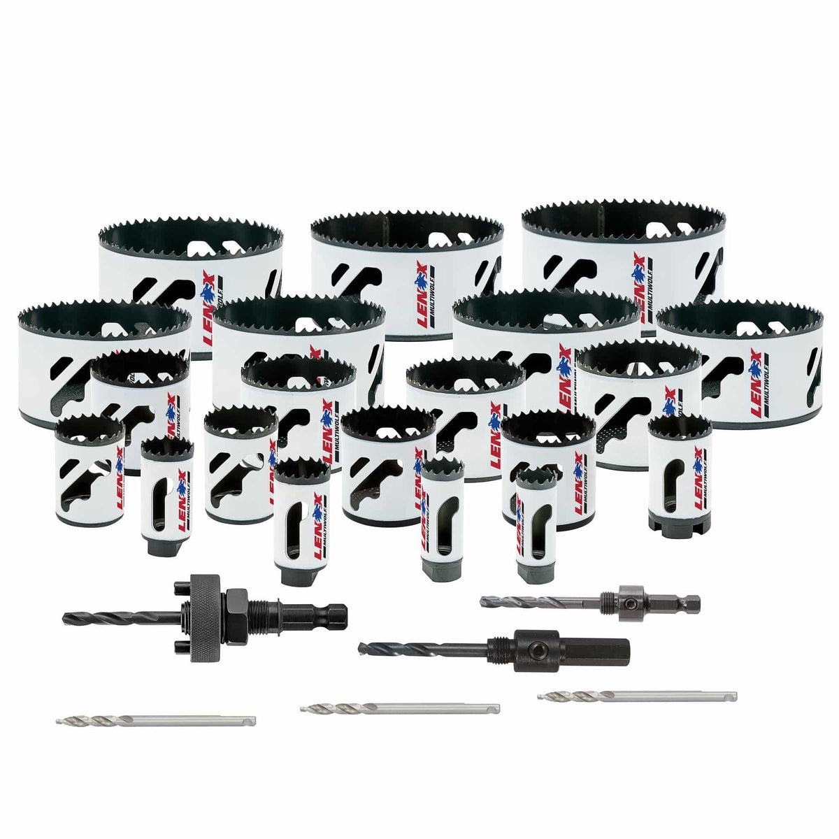 Full layout of the LENOX 308042000G 26 piece Big Daddy bi metal hole saw kit displaying twenty white hole saws ranging from 0.75 to 4.75 inches, three standard arbors, and three step bit pilot drills for steel drilling.