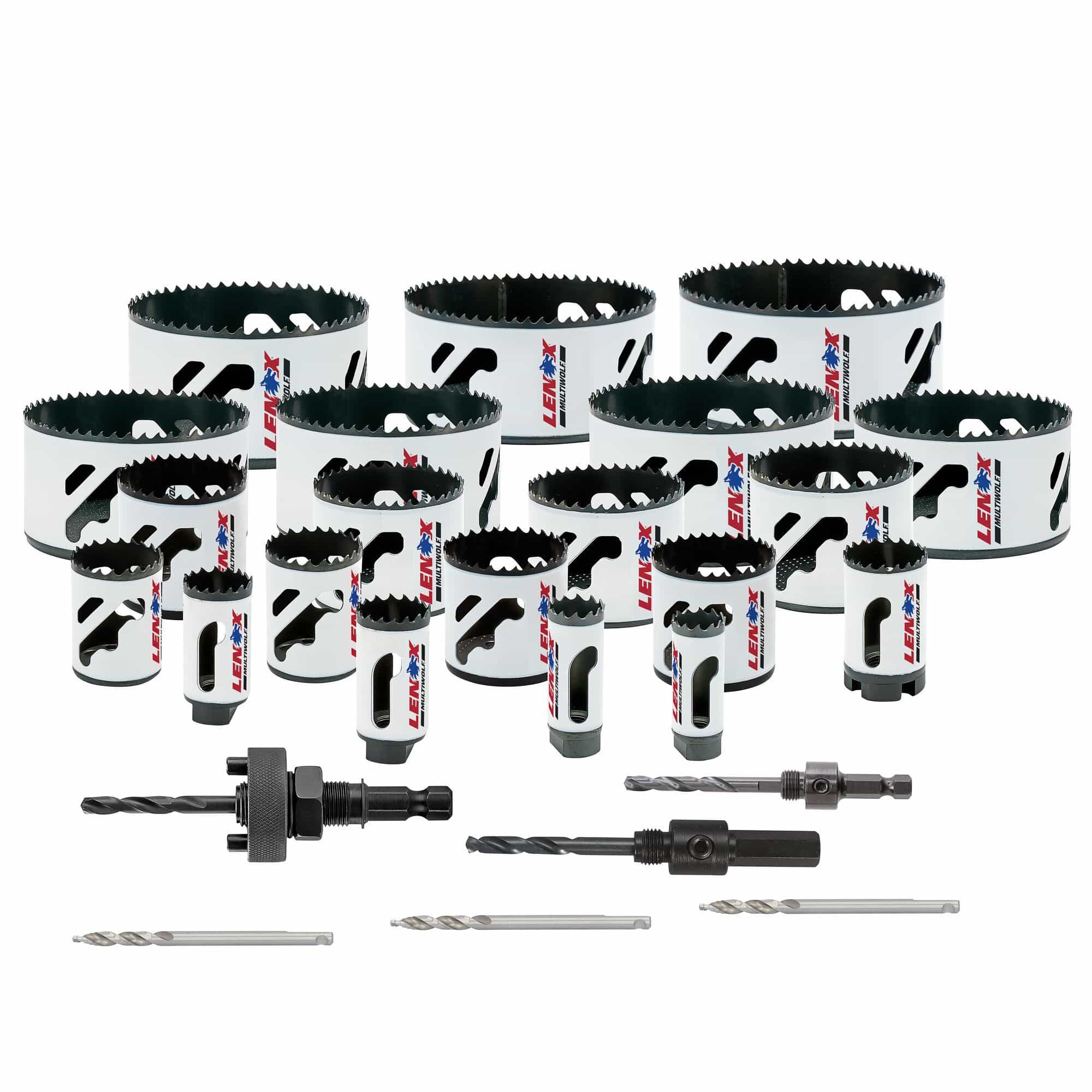 Full layout of the LENOX 308042000G 26 piece Big Daddy bi metal hole saw kit displaying twenty white hole saws ranging from 0.75 to 4.75 inches, three standard arbors, and three step bit pilot drills for steel drilling.