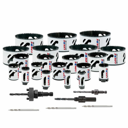 Full layout of the LENOX 308042000G 26 piece Big Daddy bi metal hole saw kit displaying twenty white hole saws ranging from 0.75 to 4.75 inches, three standard arbors, and three step bit pilot drills for steel drilling.