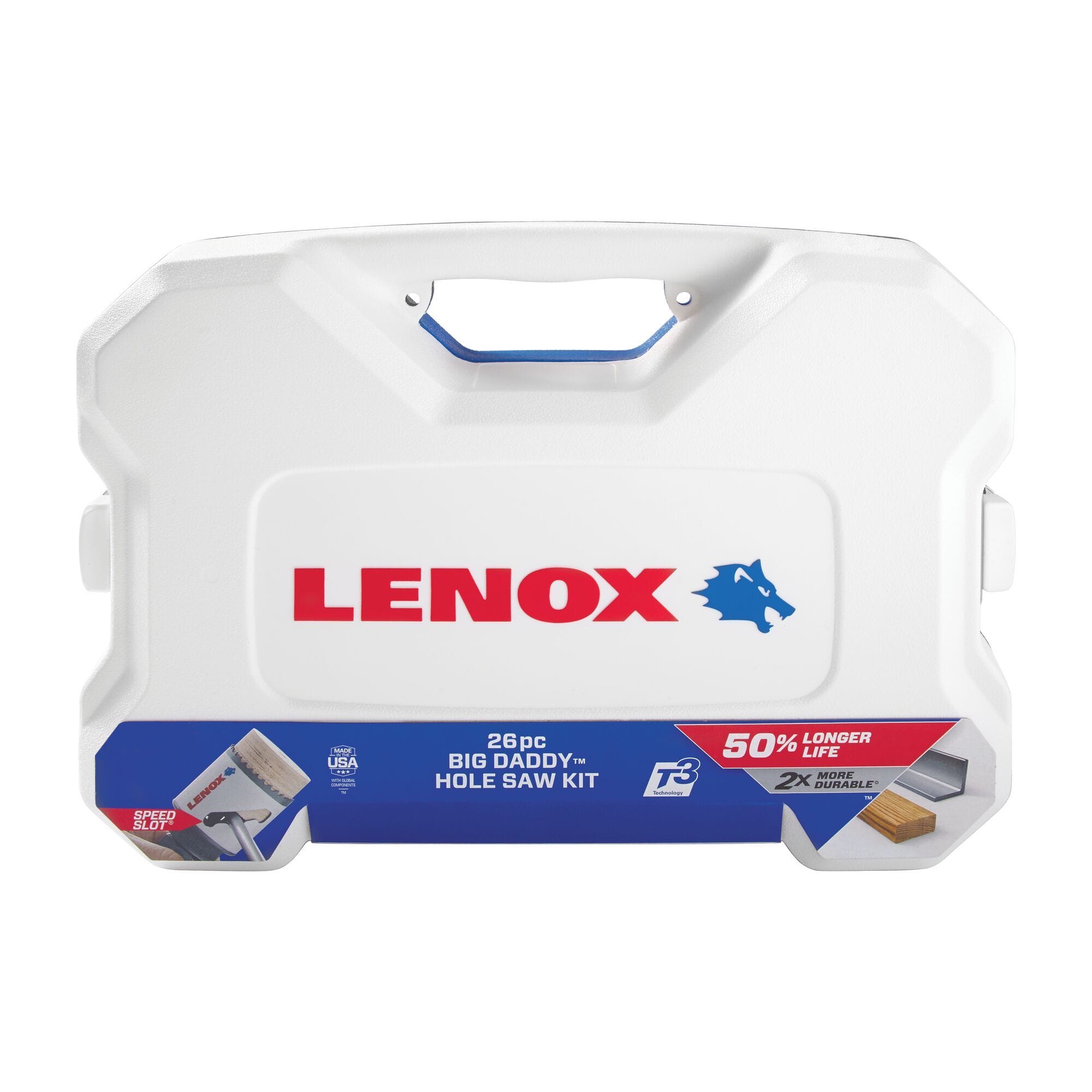 Front exterior view of the closed white heavy duty carrying case for the LENOX Big Daddy 26 piece hole saw kit featuring the red brand logo and a packaging label highlighting 50 percent longer life and T3 bi metal technology.