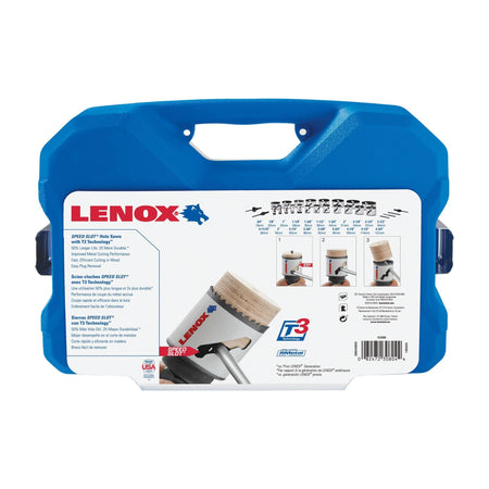 Back view of the LENOX 308042000G hole saw kit packaging sleeve detailing the exact cut capacity sizing chart from 3/4 inch to 4-3/4 inch, speed slot plug removal visual instructions, and universal arbor compatibility.