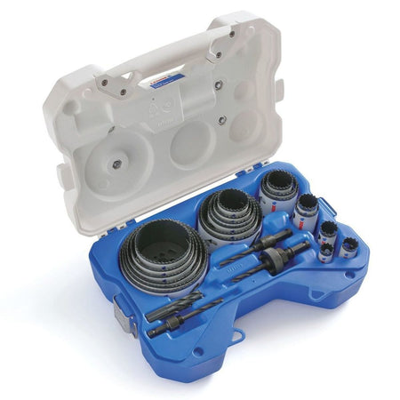 Open LENOX Big Daddy bi metal hole saw kit displaying the custom molded blue interior storage tray securely organizing the nested high speed steel hole saws, three pilot drills, and standard arbors for safe jobsite transport.