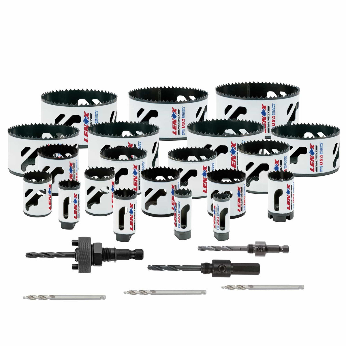 Complete hardware inventory of the LENOX 308042000G 26 piece bi metal hole saw kit showcasing the proprietary toothform hole saws with speed slots alongside the included arbors and step bit pilot drills for industrial metalworking.
