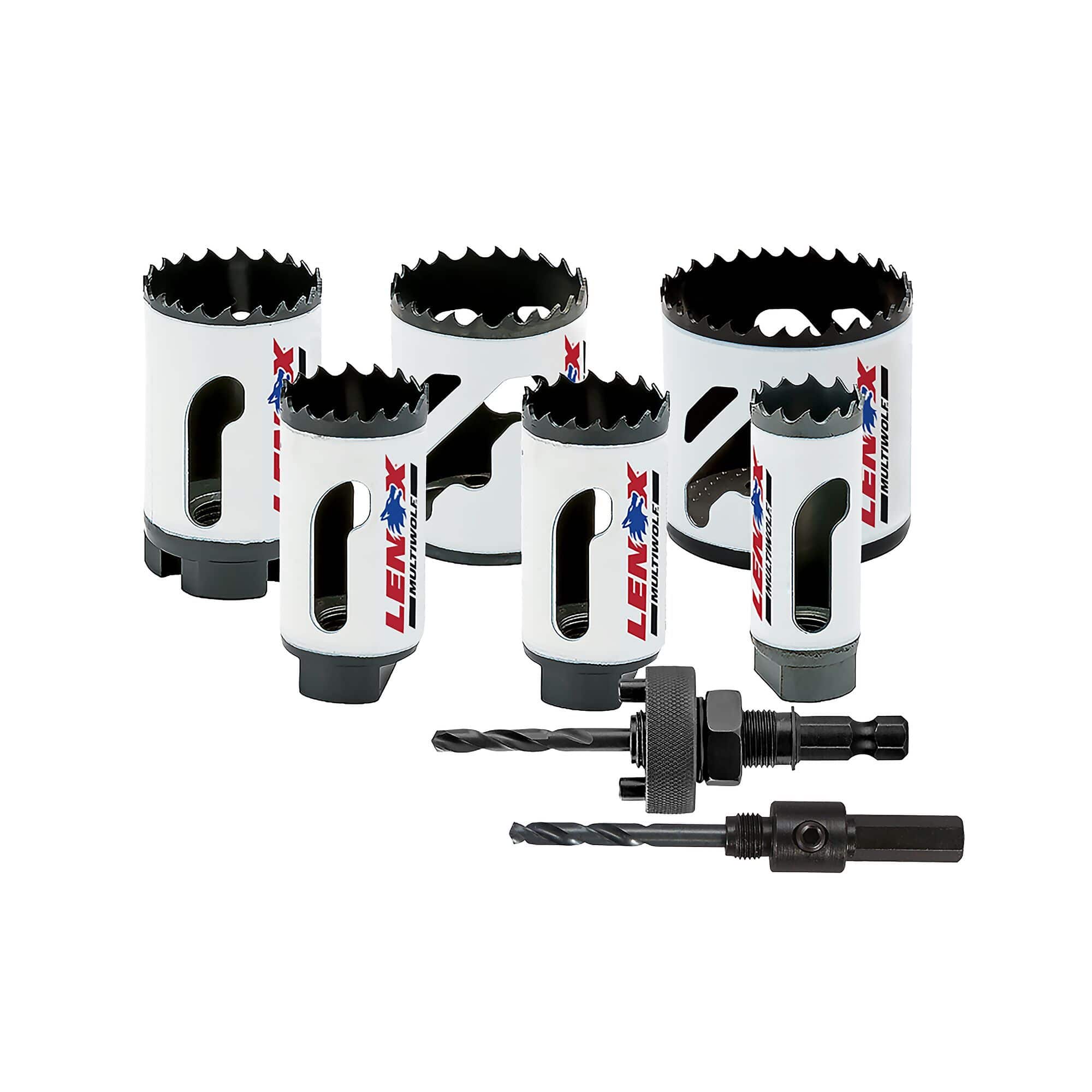 Complete hardware layout of the LENOX 30830600R 8 piece refrigeration bi metal hole saw kit displaying six T3 technology hole saws ranging from 0.625 to 2.125 inches alongside two universal arbors equipped with step bit pilot drills for industrial HVAC pipe routing.