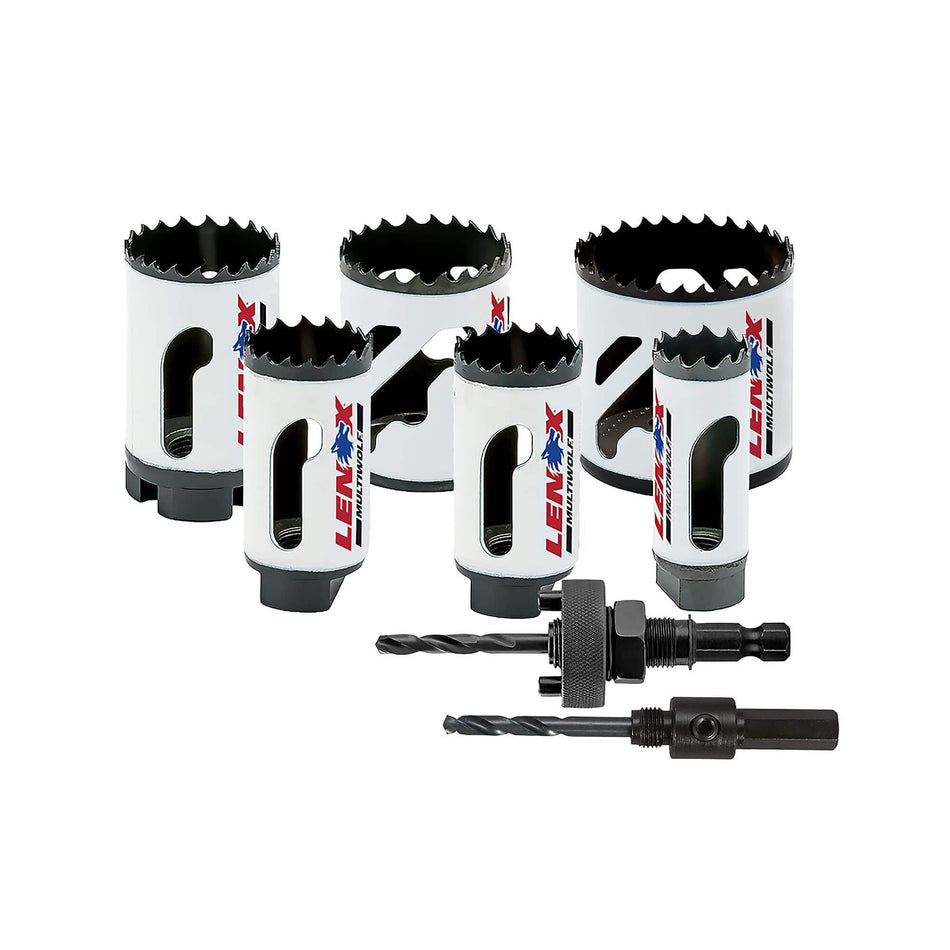 Complete hardware layout of the LENOX 30830600R 8 piece refrigeration bi metal hole saw kit displaying six T3 technology hole saws ranging from 0.625 to 2.125 inches alongside two universal arbors equipped with step bit pilot drills for industrial HVAC pipe routing.
