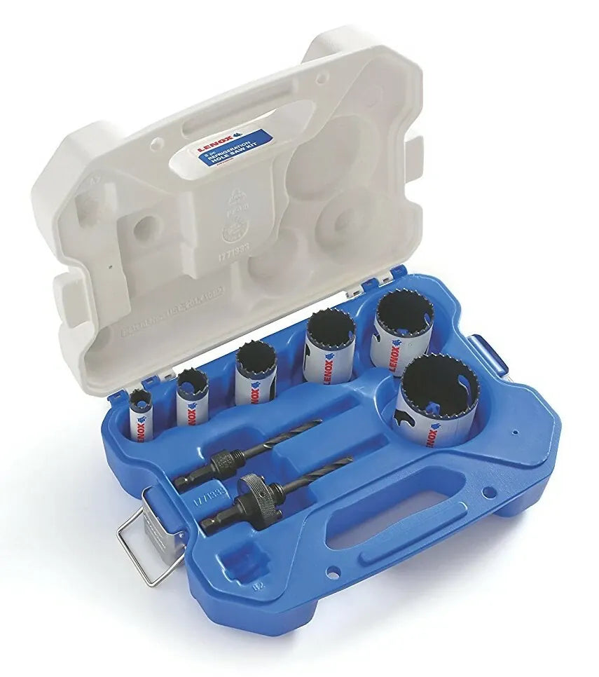 Open white heavy duty carrying case for the LENOX 30830600R 8 piece refrigeration hole saw kit featuring a custom molded blue interior storage tray securely organizing the six T3 technology hole saws and two universal arbors for safe jobsite transport.