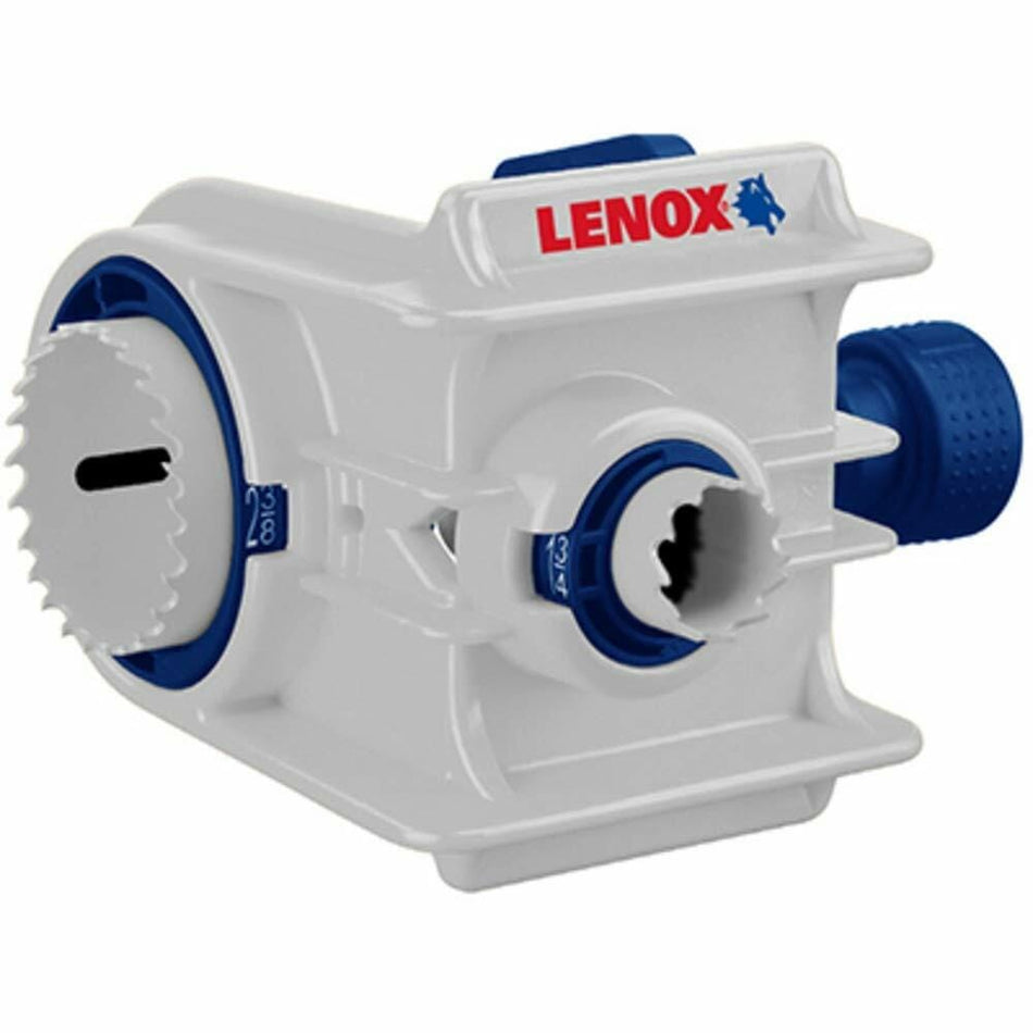 Three-quarter angle view of the LENOX door lock installation jig, showing the white body, blue clamp, and the two bi-metal hole saws in place.