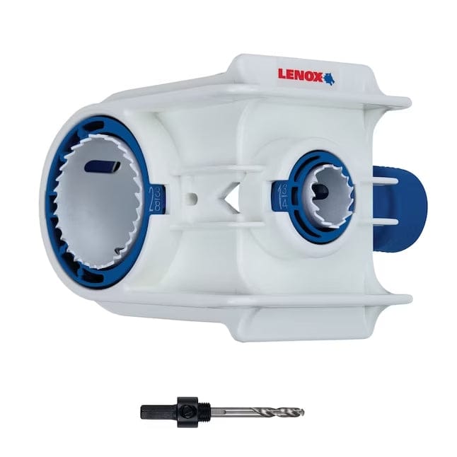 Top-down view of the LENOX door lock jig with the bi-metal hole saws installed, and the separate pilot drill bit with arbor shown below.
