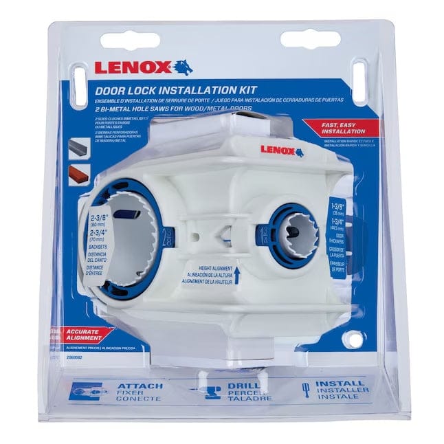 The LENOX door lock installation kit in its clear and blue retail packaging, showing the jig and its features.